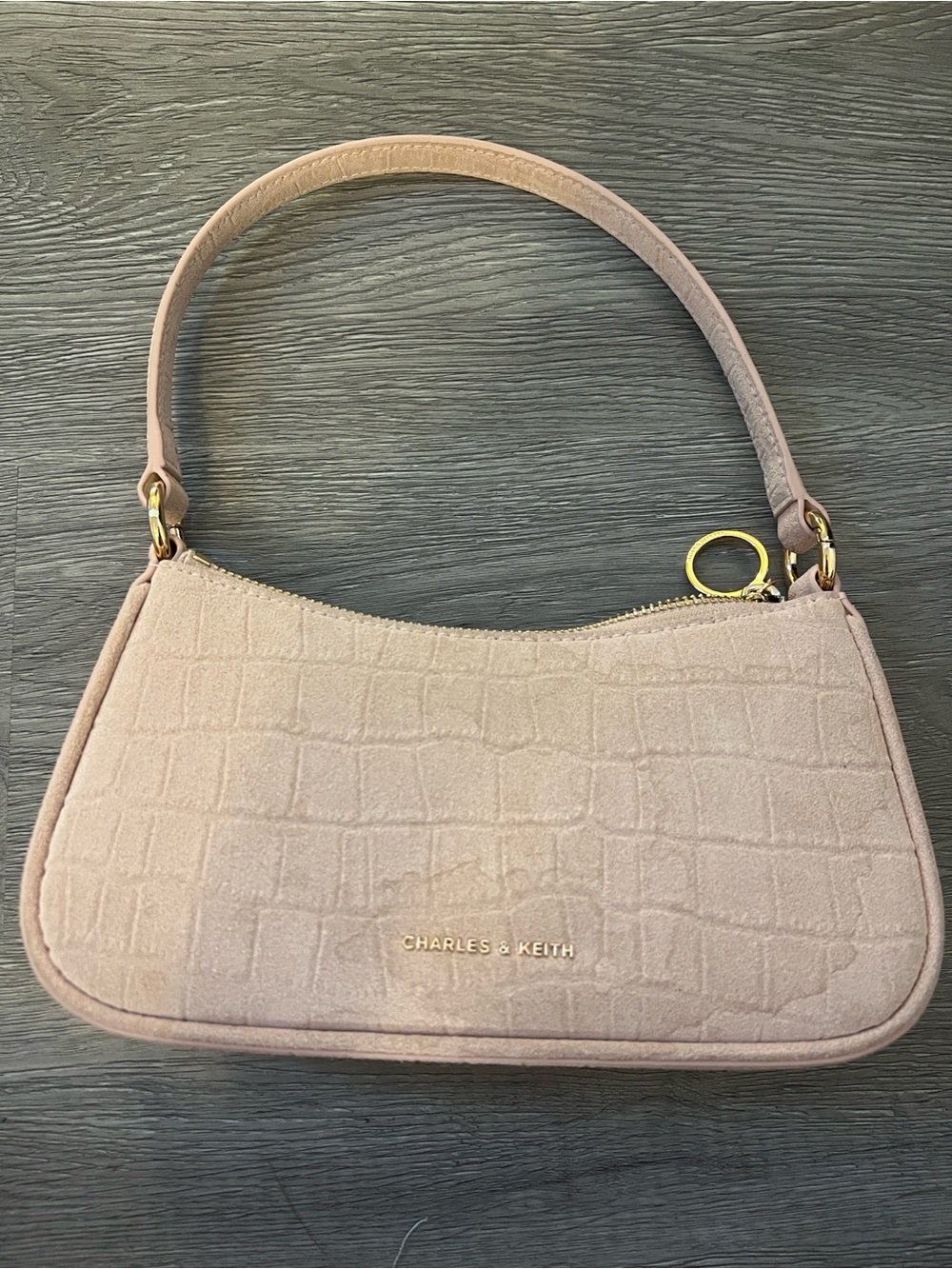 Charles & Keith Blush Croc-Embossed Shoulder Bag with Gold Accents